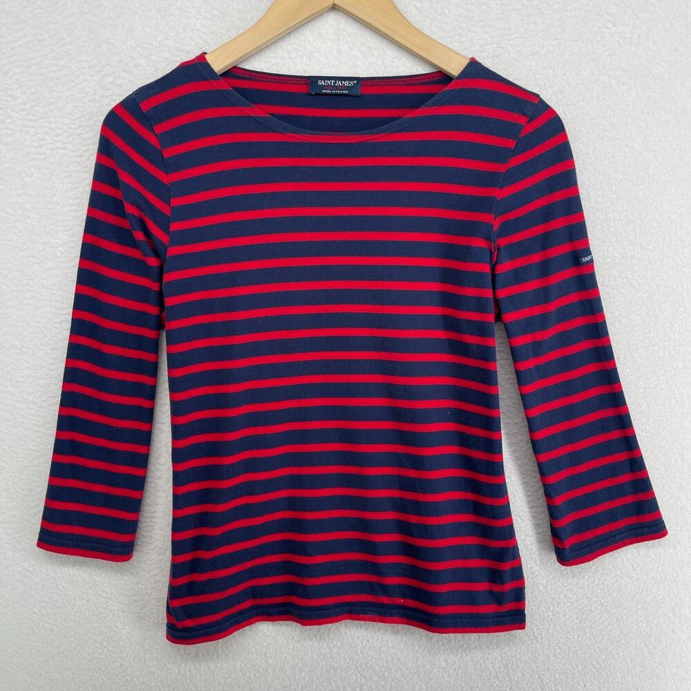 SAINT JAMES Top Womens 6 GALATHEE II Breton Sailor Striped 3/4 Sleeve Red Blue